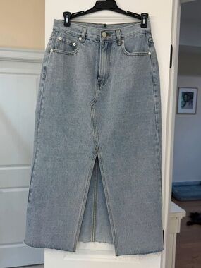 Light Wash Denim Midi Skirt with Front Slit